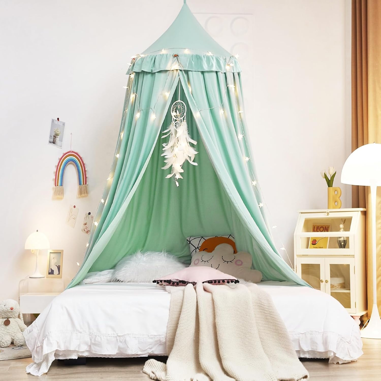Decor Canopy for Kids Bed, Soft Smooth Playing Tent Canopy Girls Room Decoration Princess Castle, Dreamy Mosquito Net Bedding, Children Reading Nook Canopies in Home (Green)