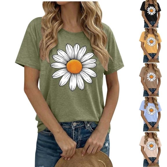Hinvhai T Shirts for Women Summer Short Sleeve Crewneck Casual Cute Daisy Graphic Basic Tees Tops Yellow XL(XL)