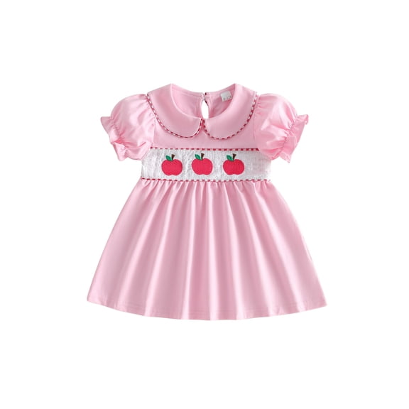 BemeyourBBs Toddler Girls Back to School Dress Outfit Kids Kindergarten Dress Outfits Apple Embroidery Peter Pan Doll Collar Short Sleeve Dress Little Baby Girl Summer Casual Dress