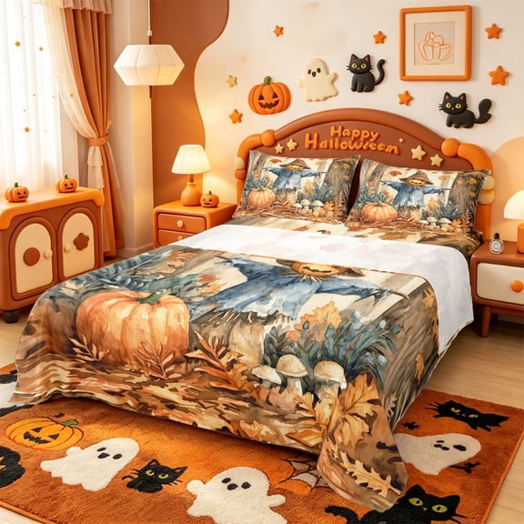 Manfei Classic Halloween Pumpkin Lantern Bed Sheets,Hello Fall Foliage Print Full Size Sheets,4 Pieces,1 Flat Sheet,1 Fitted Sheet and 2 Pillowcases