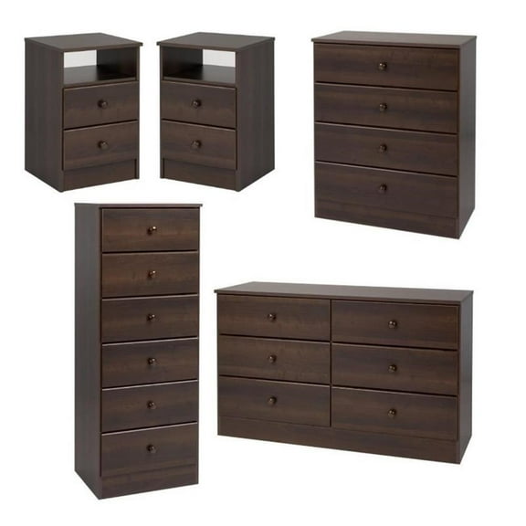 Home Square 5-Piece Set with Lingerie Chest Double Dresser Chest & 2 Nightstands