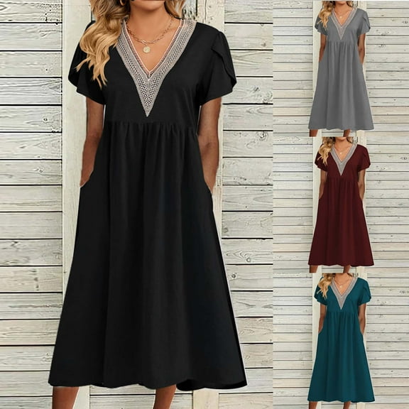 Patlollav Dresses Women Casual Sexy V-Neck Print Summer Short Sleeve Pockets Dress