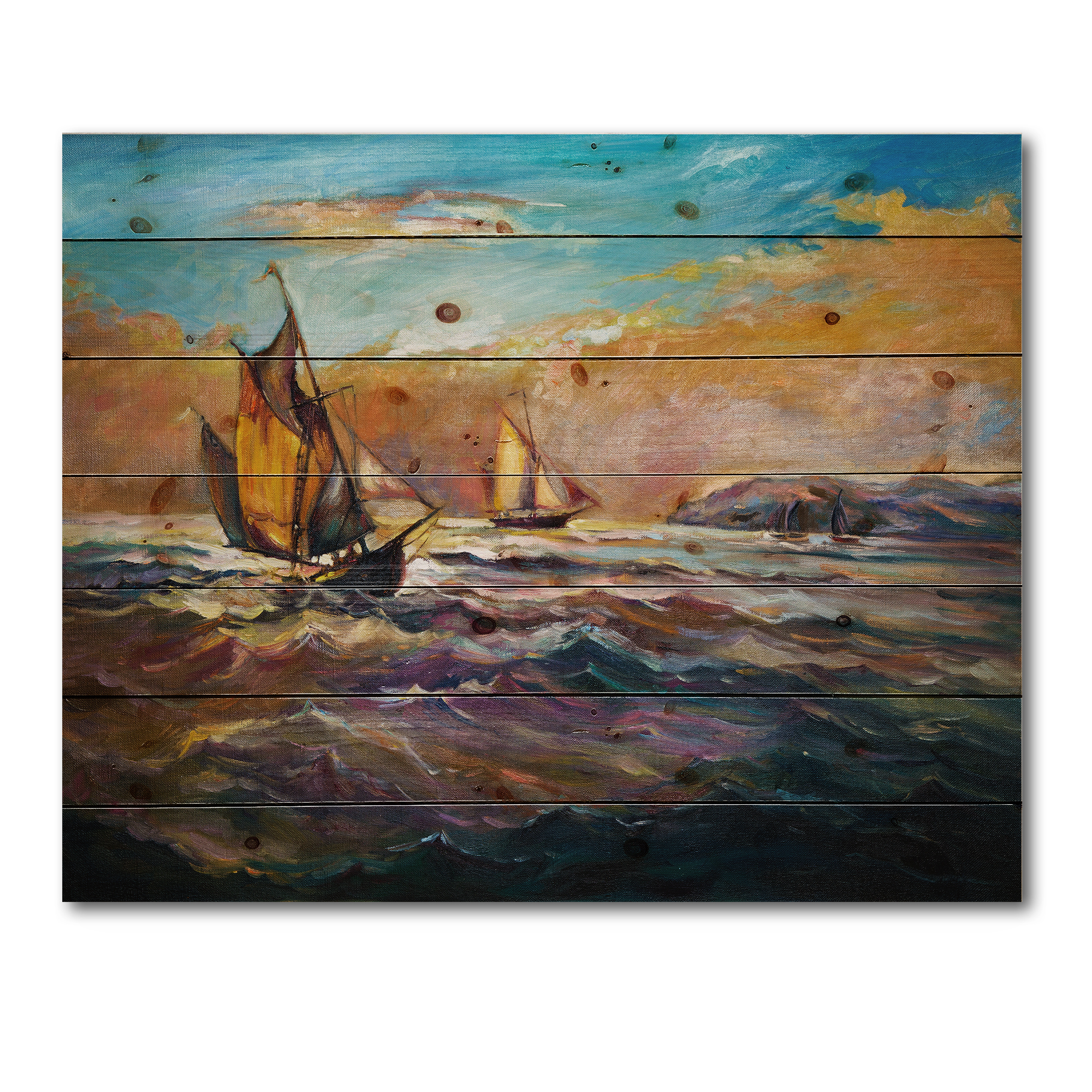 Designart 'Boats During Evening Sunset In The Ocean II' Nautical & Coastal Print on Natural Pine Wood