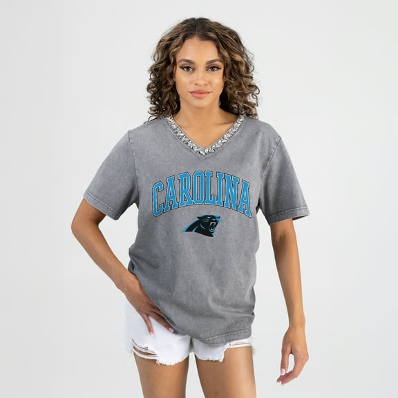 Women's Gameday Couture Gray Carolina Panthers Relaxed Iconic Edge Rhinestone V-Neck T-Shirt
