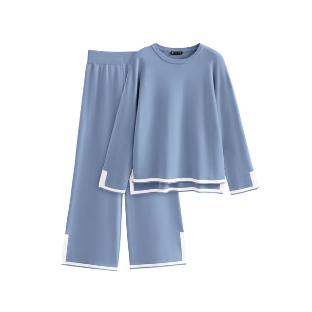 Conjunto de Suéter de Punto para Mujer PRETTYGARDEN con Pantalones de Pierna Ancha M Azul