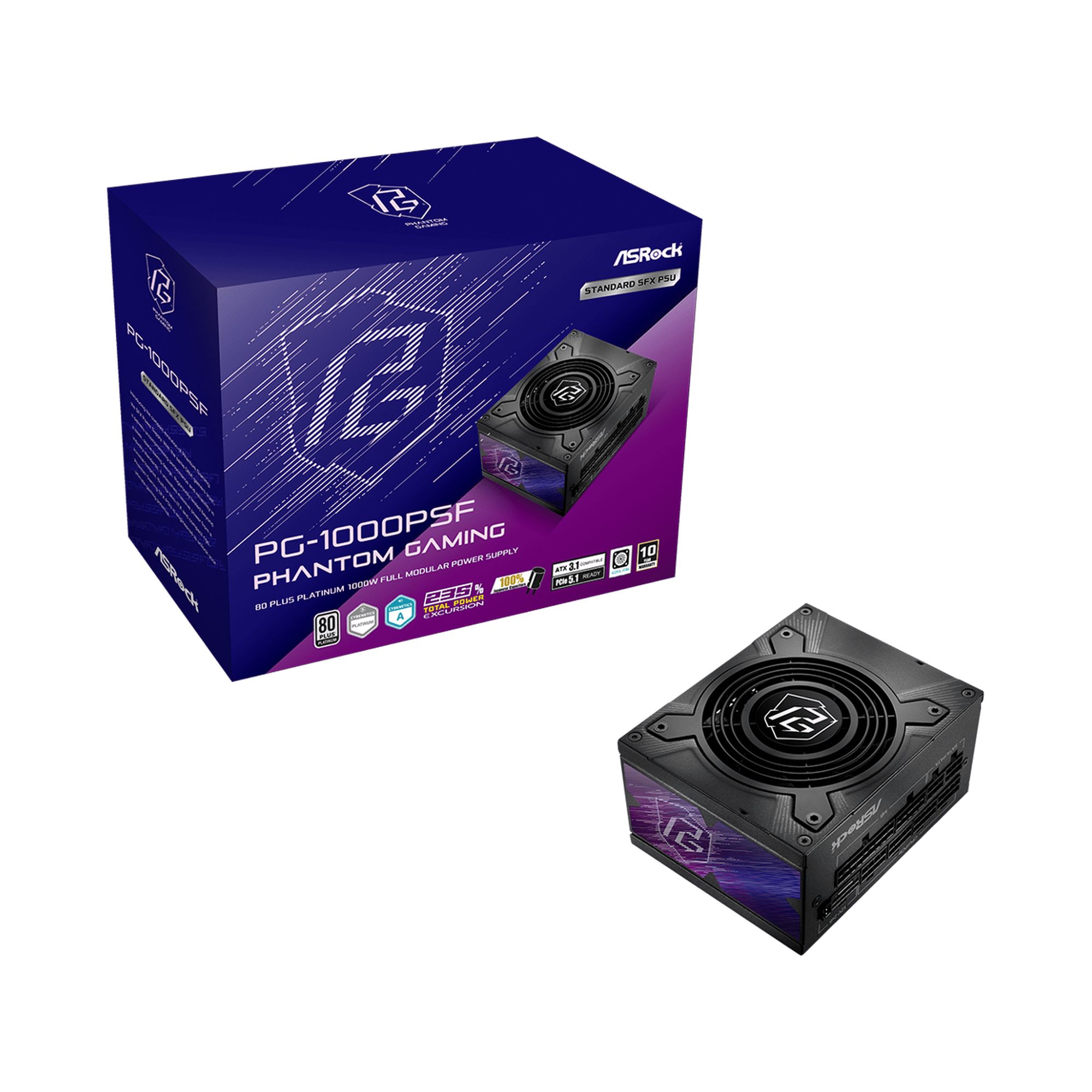 ASRock Steel Legend PG-1000PSF 1000W 80 PLUS GOLD & Cybenetics PLATINUM Full Modular Power Supply, ATX3.1 & PCIe5.1 Ready with Dual Color 12V-2x6 Cable, 10 Years Warranty