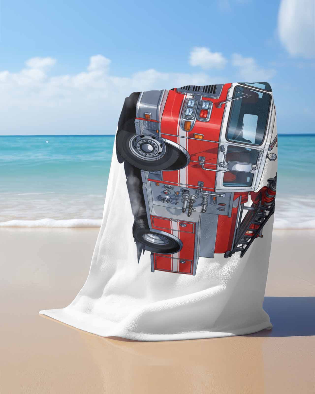 Fire Trucks Beach Towels Oversized Super Absorbent, Modern Cartoons Vehicles Lightweight Bath Towel Quick Dry Sets For Bathroom/Pool/Rv Camping/Beach Play/Gym Room/Picnic 35"x70"