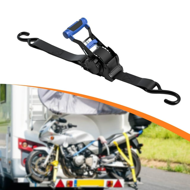 Correa de trinquete retráctil con ganchos en forma de S, mango ergonómico de rendimiento, cinta retráctil automática para camión y motocicleta. azul