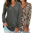 thumbnail image 3 of Fusipu Solid Color Leopard Print Women Top Long Sleeve V-Neck Loose Tunic Blouse Streetwear, 3 of 7