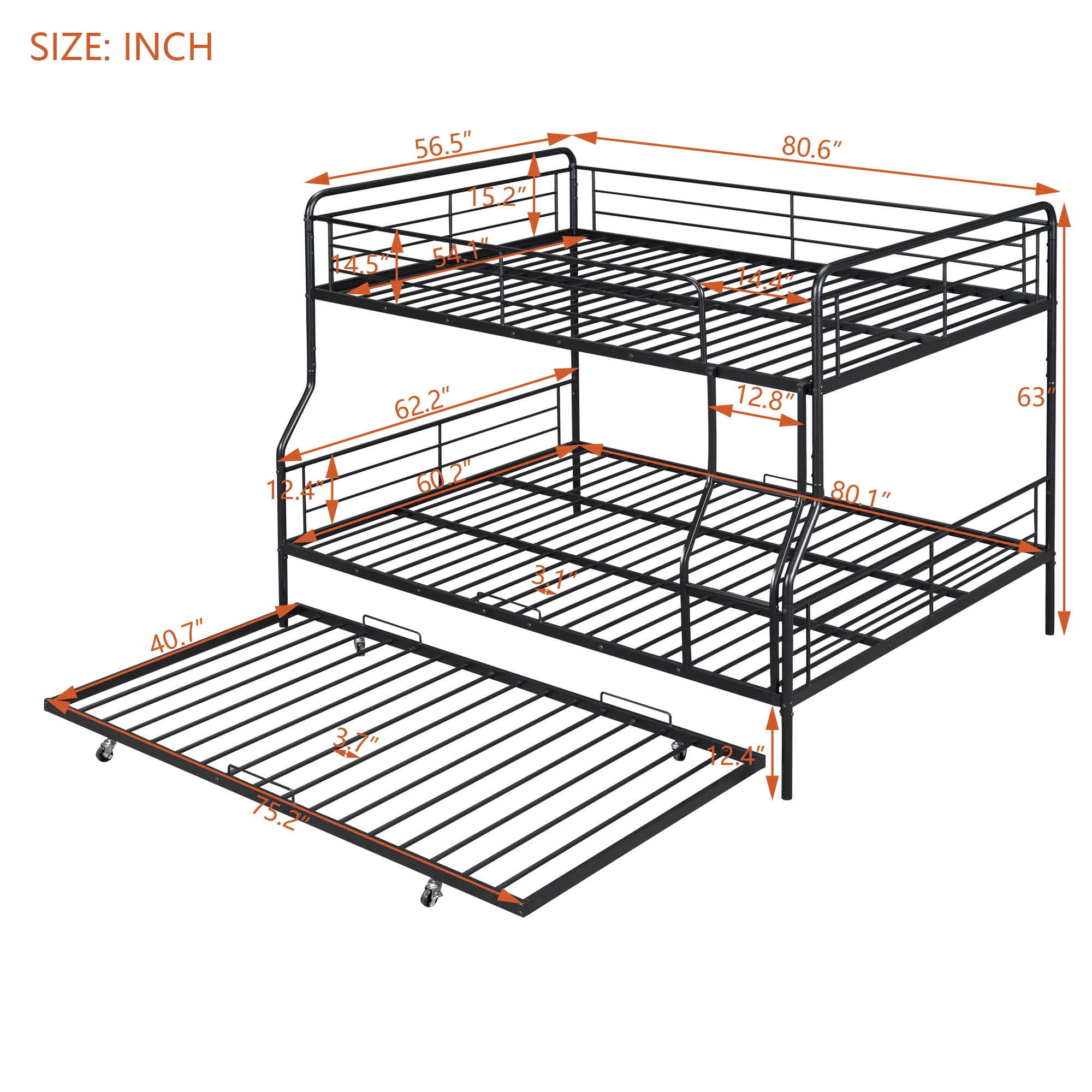 Full XL Over Queen Bunk Bed with Trundle,Heavy Duty Metal Bed Frame Sturdy Guard Rail for Kids/Adults,Can be Divided Into Two Beds,Black