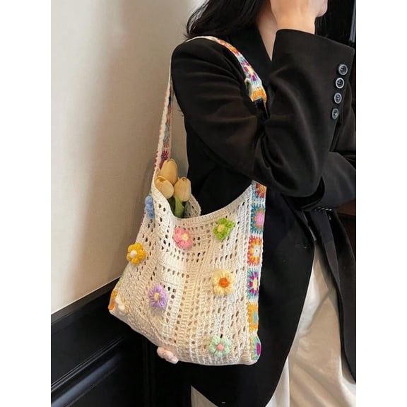 Handmade Crochet Tote Bag, Cute Boho Mesh Shoulder Bag for Beach and Market