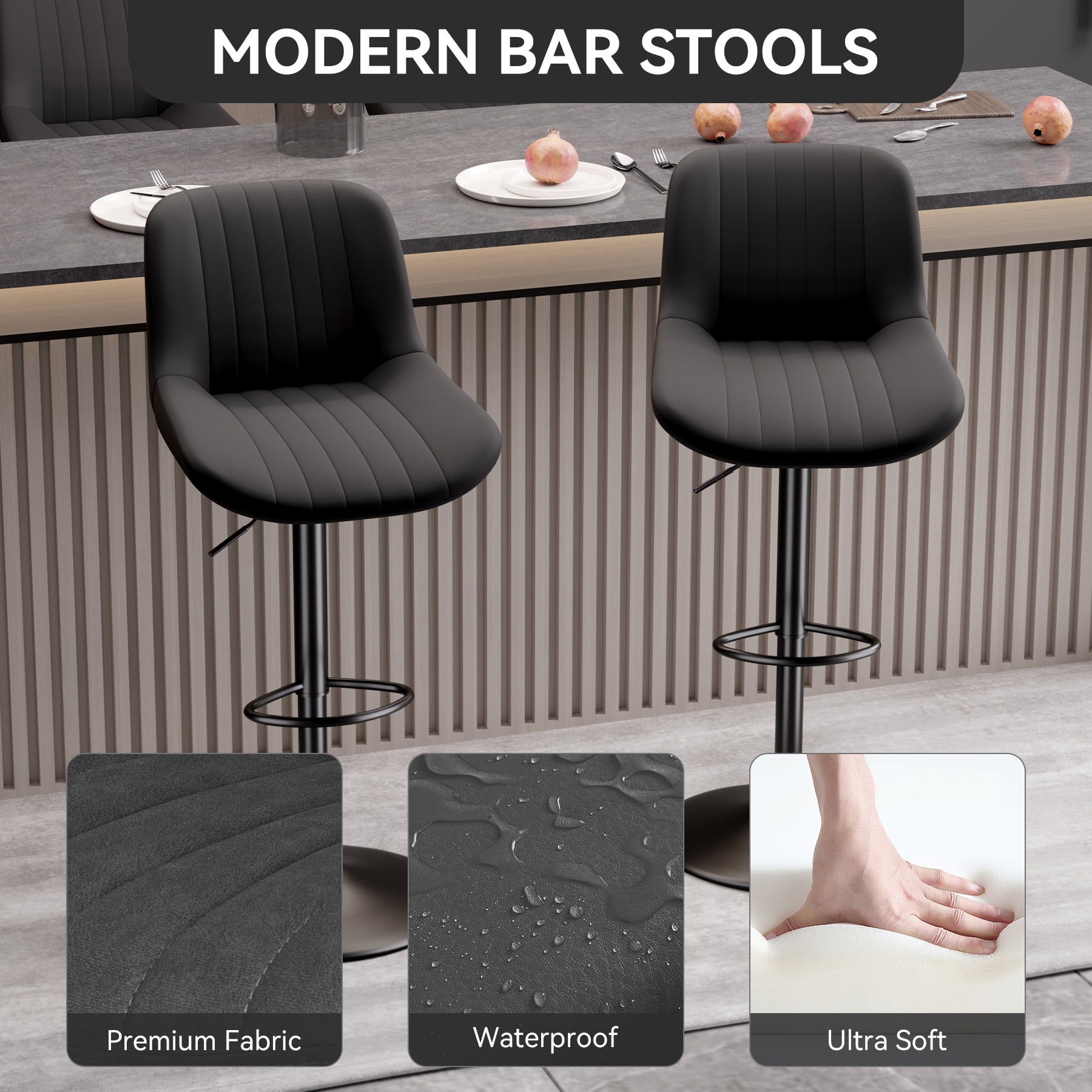 Hawsaiy Adjustable Bar Stools Set of 4, Swivel Counter Height Bar Chairs with Back, Modern Technical Fabric Barstools for Kitchen Island & Home, Black