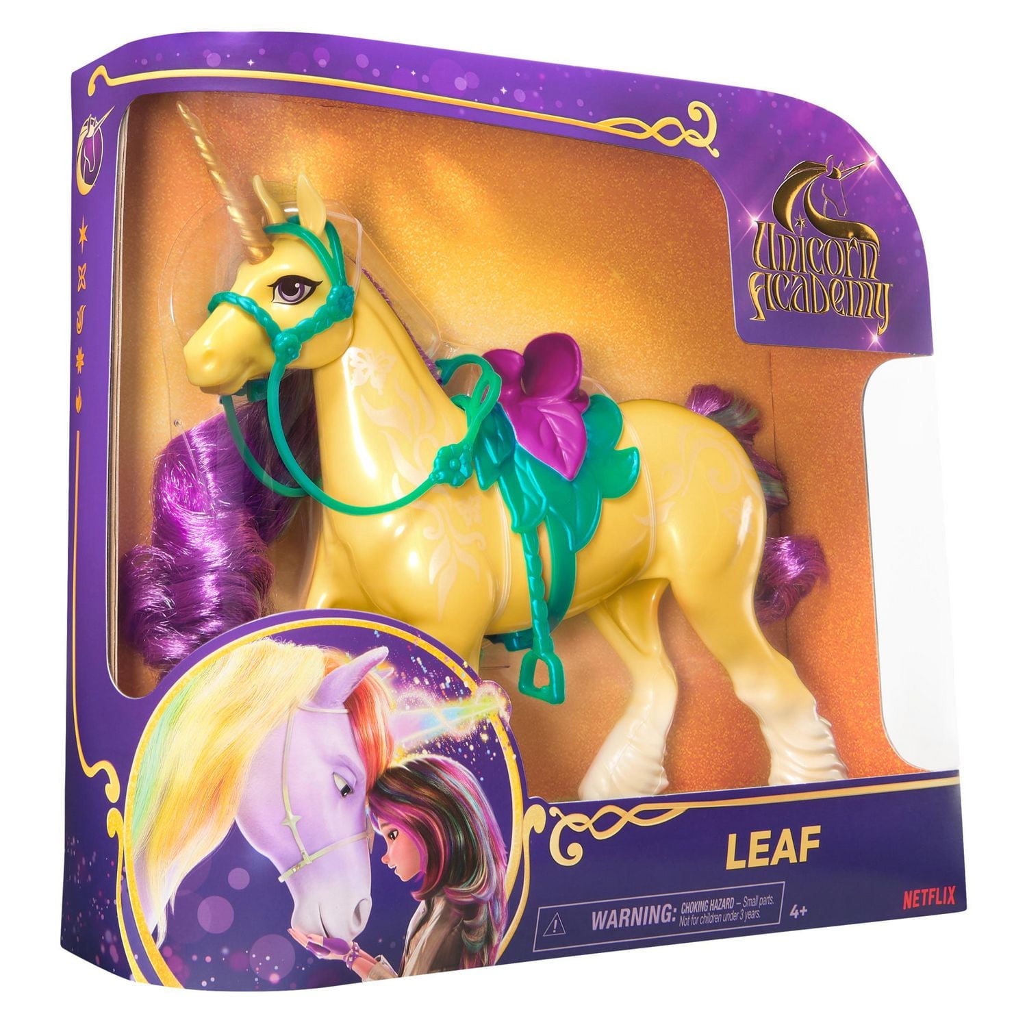 Unicorn Academy, Licorne Leaf avec mouvement de la tête, 2 accessoires d'équitation, 28 cm, compatible avec la poupée Ava, poupées et jouets licornes pour filles à partir de 4 ans