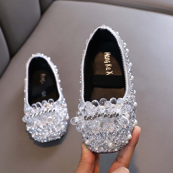 Girls Rhinestone Pearl Bow Mary Jane Flats, Sparkly Princess Dress Shoes Ballets Flats Silver C 12.5