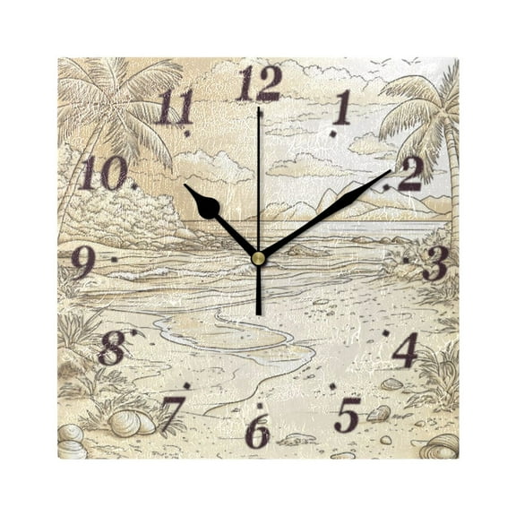 Beach and Palm Trees Wall Clock Square Clock Decoration Creative Clock Dual Use Black Pointer 7.78in