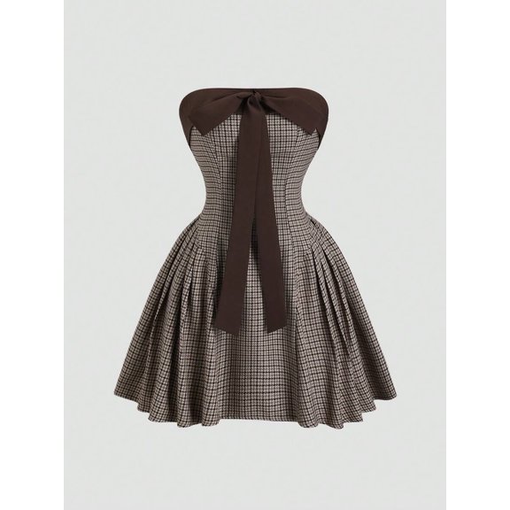 Brown Houndstooth Strapless Bowknot Fit & Flare Mini Dress