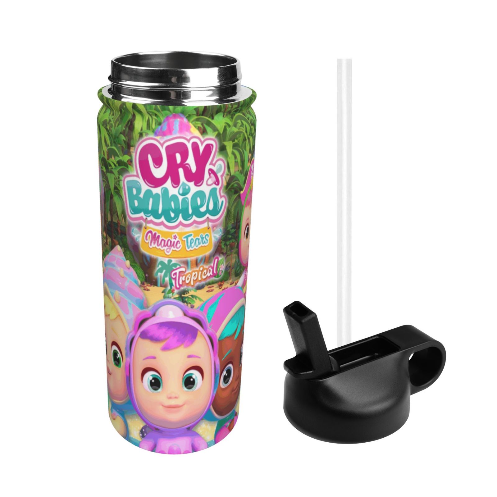 Cry Babies Kids Insulated Water Bottle With Straw - 18 Oz Stainless Steel Double Wall Vacuum Cup, Leakproof, Bpa Free, Suitable For Boys And Girls