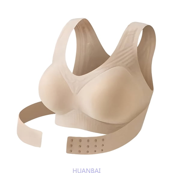 HUANBAI Seamless Breathable Shaping Corrective Support Bra Front Closure Seamless Back Support Posture ,(Large,Beige)