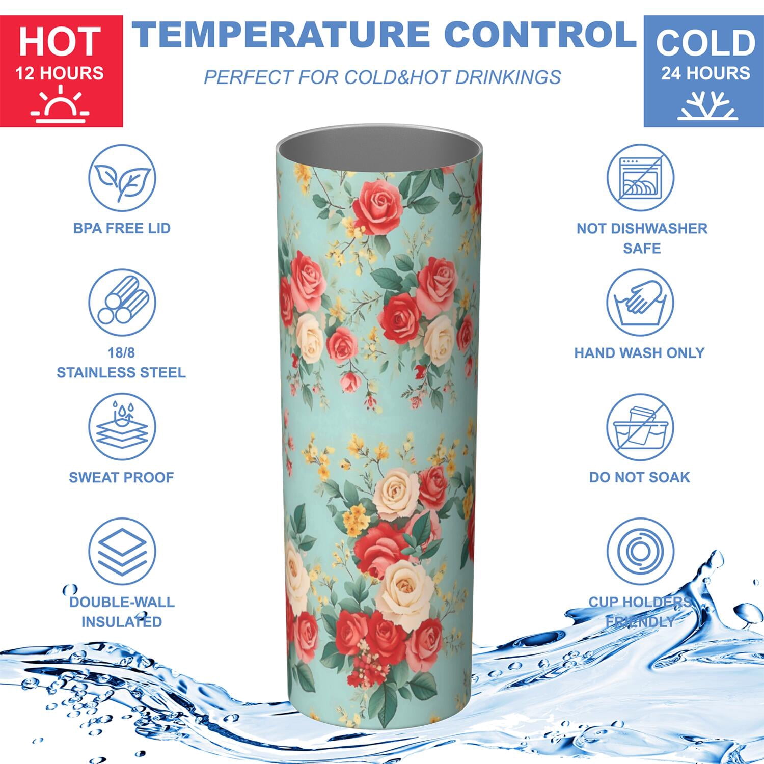 Flower Floral Print Pattern Insulated Lunch Bag for Women and Men, Large Portable Soft Cooler Tote, Thermal Food Storage Bag with Pearl Cotton, 8.66L, 8.75"x5.75"x9.5"
