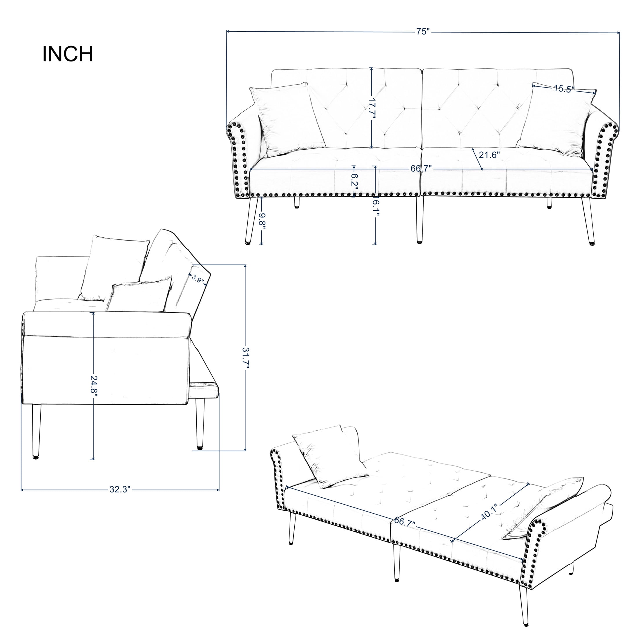 Aukfa Velvet Futon Convertible Sofa for Home Office, Nailhead Decor, 2 Pillows, Pink