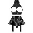 thumbnail image 3 of Conjunto de sujetador de copa abierta para mujer, Top Sexy con liguero, falda acampanada y tangas integradas, conjunto de lencería erótica de charol con aspecto húmedo, 3 of 5