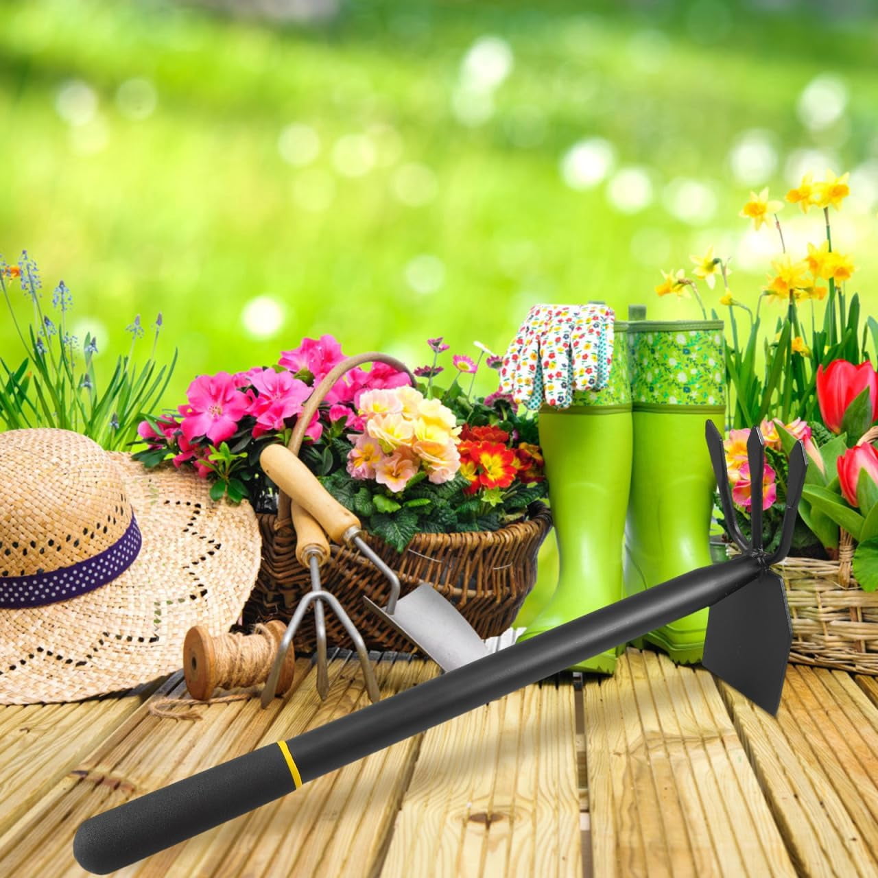 ABCISI Hoe and Cultivator, Garden Rake Hand Tiller Tool Heavy Duty Cultivator Hoe for loosening Soil Weeding Digging Flower Planting Garden Farming Agriculture Tool