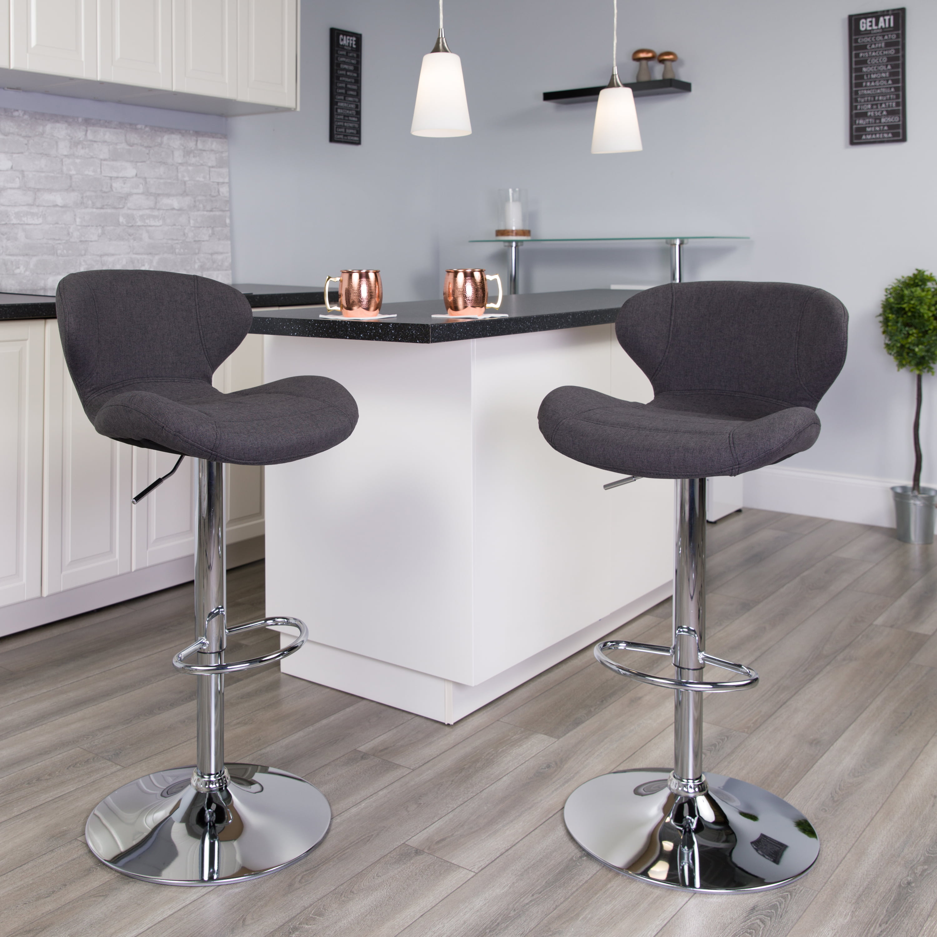 Contemporary Gray Fabric Adjustable Height Rounded Barstool with Chrome Base 