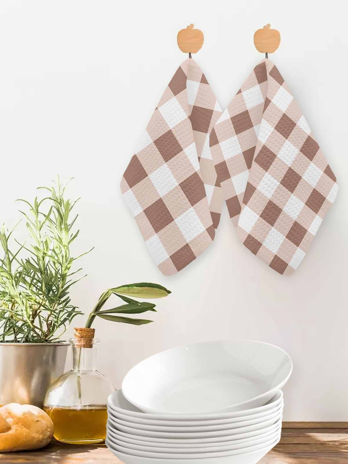 Brown Checkered Kitchen Dish Towels for Drying Dishes Set of 3, Farmhouse Buffalo Plaid Waffle Weave Microfiber Hand Tea Bathroom Towels Quick Dry & Absorbent Towel 12x12