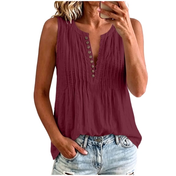 CYMMPU Women's Sleeveless Crinkle Linen Tank Top, V Neck Pleated Henley Button Front Relax Summer Blouse Wine XL