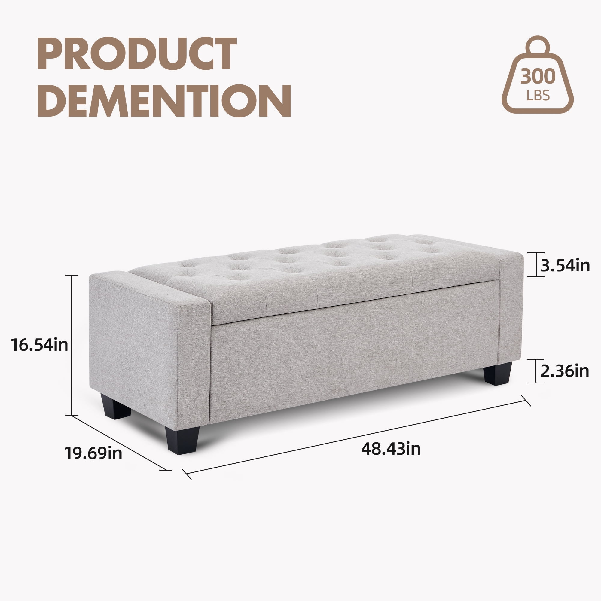 Huatean Home 48" Ottoman Storage Bench Upholstered with Safety Hinge, Light Gray