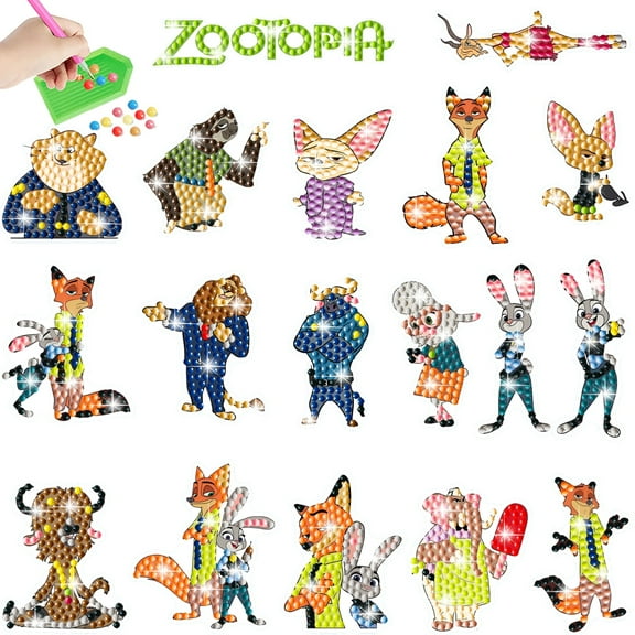 Zootopia Diamond Art Painting Sticker Kits for Kids-Cartoon Diamond Gem Stickers Kit,5D Gem Art Stickers Mosaic