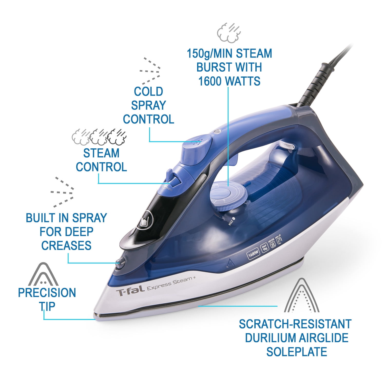 T-fal Express Steam+, Steam Iron, Durilium AirGlide Soleplate, Dark Blue