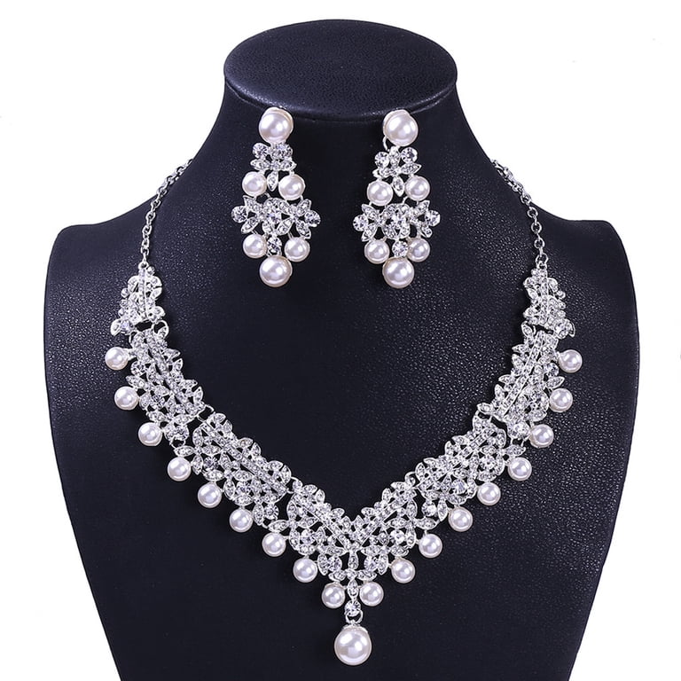 Pearl & Crystal Jewelry Set For Women - Necklace, Earrings & Bracelet Wedding Bridal Party Set