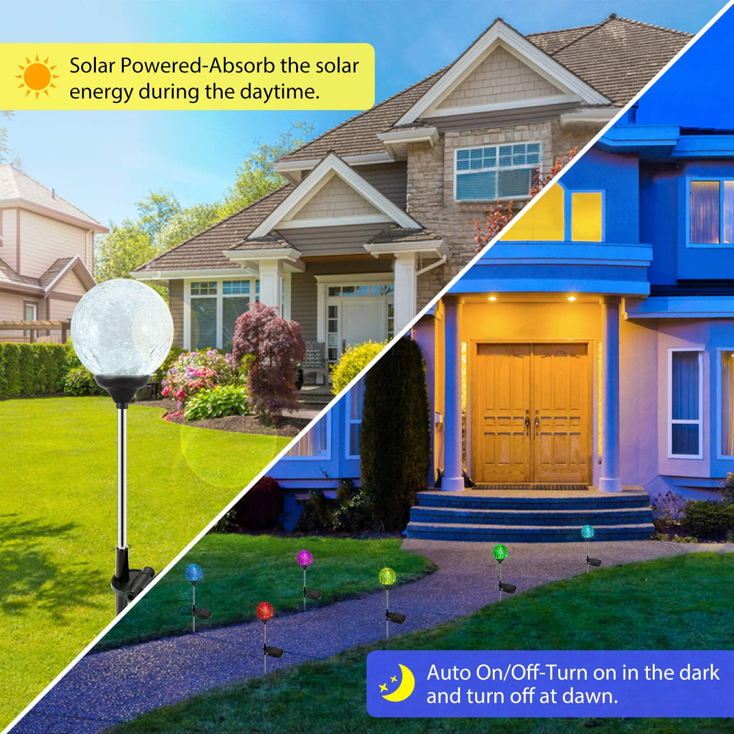 Solar Garden Lights Outdoor, 4-Pack Solar Globe Light Stakes, Color-Changing LED Landscape Decorative Pathway Lighting, Auto On/Off Dusk to Dawn, Solar Powered Halloween Christmas Path Light