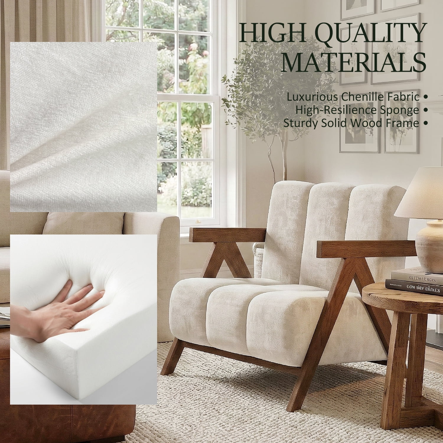 Modern Accent Chair Set of 2 for Living Room Bedroom,Comfy Chenille Reading Chair with Wood Frame,Upholstered Lounge Armchair with Thick High-Elastic Sponge for Apartment & Waiting Room,White