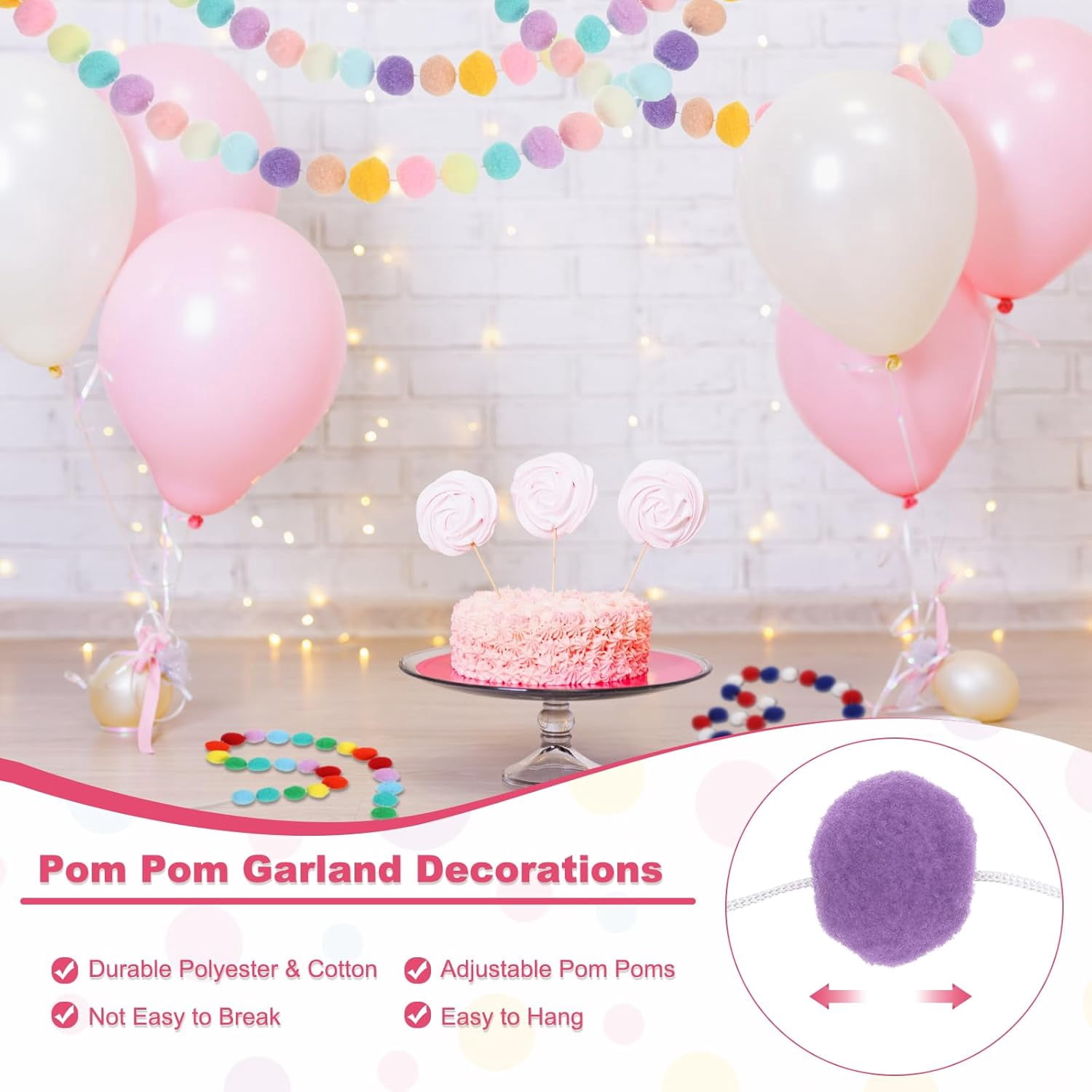 Pom Pom Garland Decorations, Colorful Felt Ball Garland Banner Rainbow Pompom Hanging Decor for Tree Ornaments Homes Decor