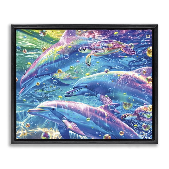 Stupell Industries Coastal Chromatic Dolphins Trio Black Floating Frame Canvas Art, 21 x 17, by Michael Ward