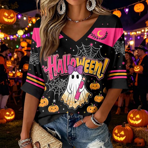 Women Halloween Shirt 2026 Oversized Cute Funny Tops 3/4 Sleeve Ghost Printed Pumpkin Graphic T Shirts, XL