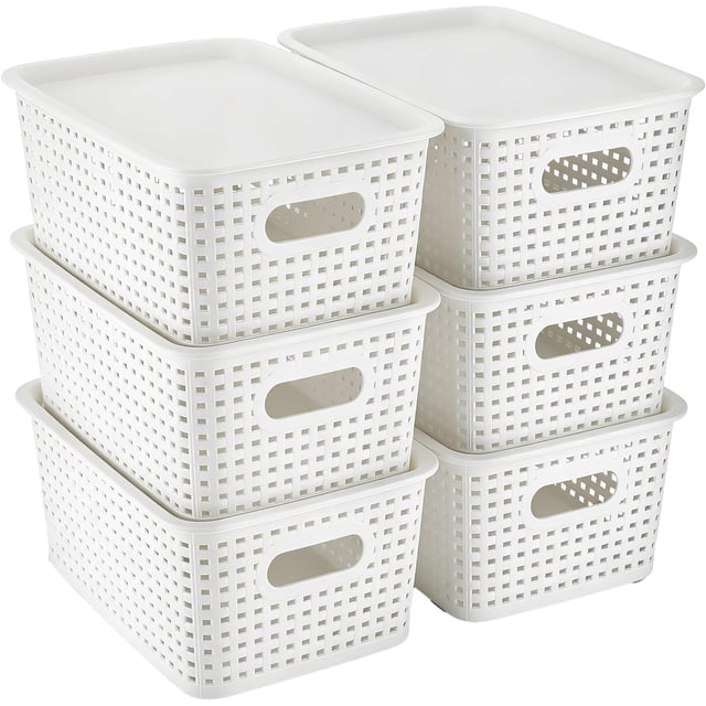 6 Cajas Organizadoras con Tapa de Plástico, Juego de Almacenamiento Apilable, Contenedores con Asas para Organizar Estantes, Cocina, Baño, Oficina y Closet -Blanco
