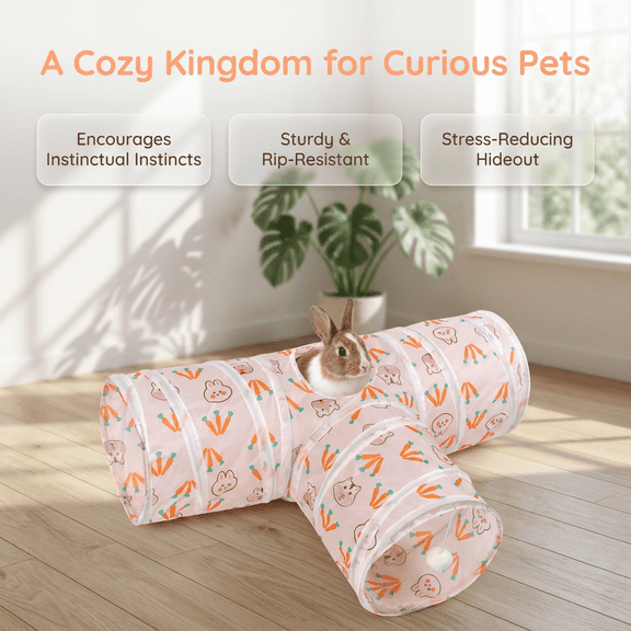 Rabbit Toys, Bunny Tunnels & Tubes, Collapsible 3 Way Rabbit Hideout Tunnel with Chew Toys for Bunny Guinea Pig Ferret Kitten