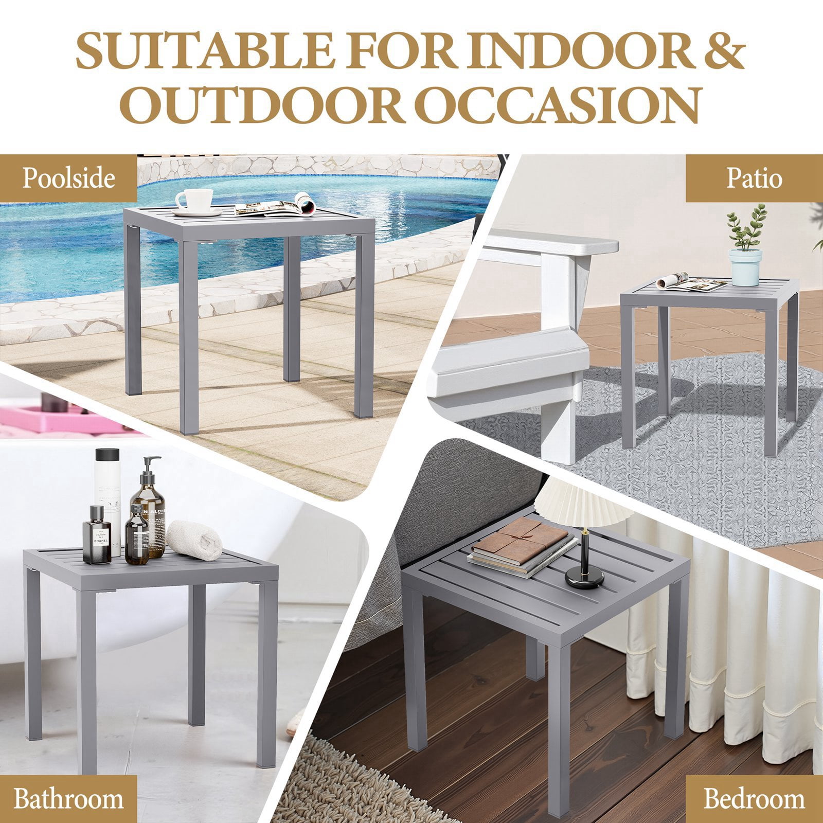 Pellebant 16" Outdoor Side Table Set of 2, All-Weather Square Metal Patio End Table for Garden, Porch, Deck, Backyard, Grey