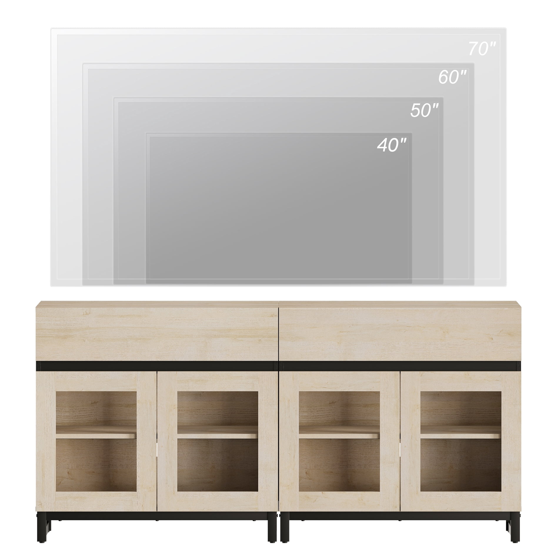 Modern TV Stand with Glass Door & Drawer, Metal Base Entertainment Console up to 70 Inch TVs, Media Console for Living Room & Bedroom,Beige