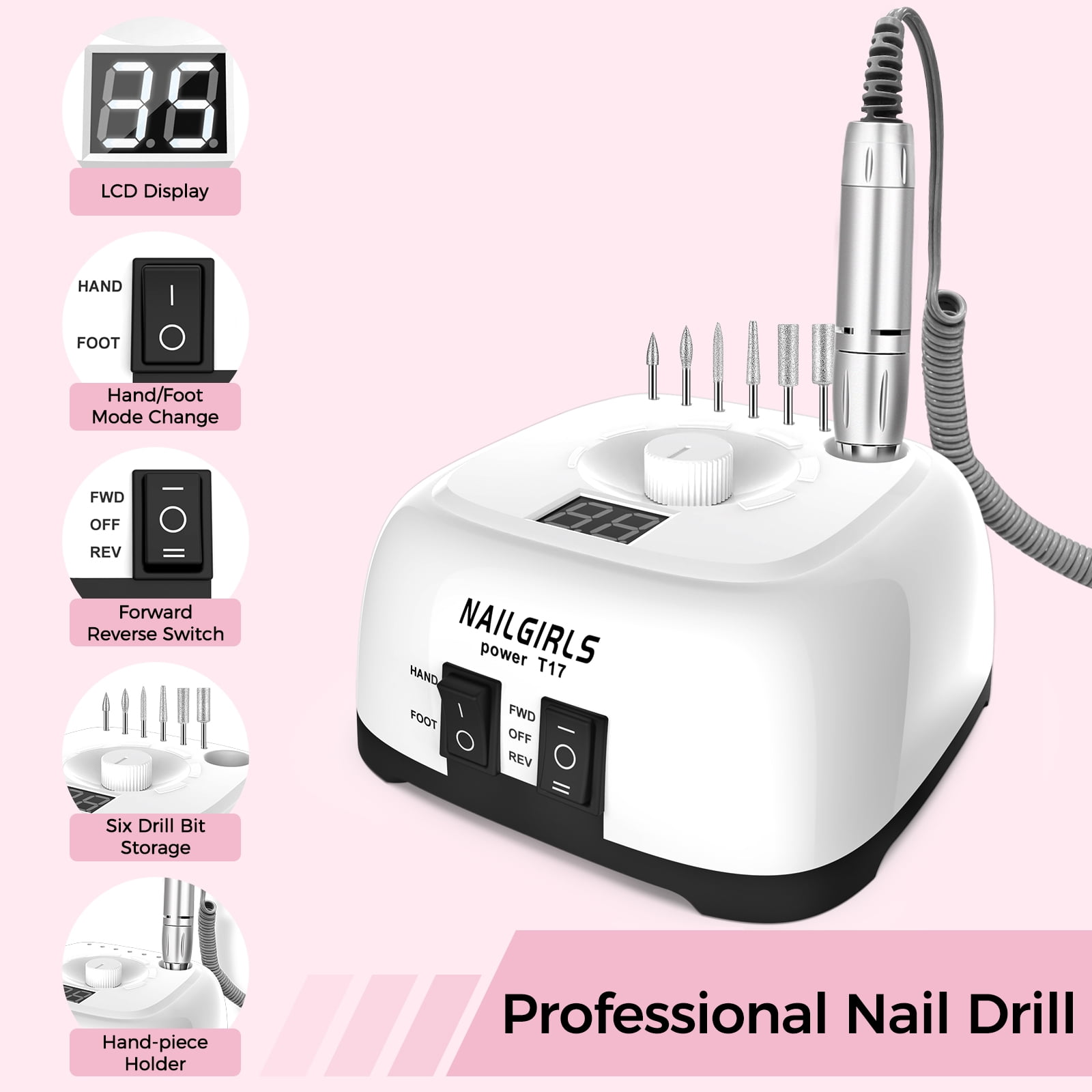 NAILGIRLS Electric Nail Drill 35000RPM with Foot Pedal, LCD Display for Acrylic Gel Manicure Pedicure