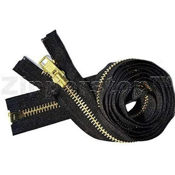 Zipperstop Wholesale YKK- Extra Heavy Duty Jacket Zipper YKK #10 Brass- Metal Teeth Separating -Chaps Zippers for Crafter's Special Color Black #580 Made in USA -Custom Length (12 inches)