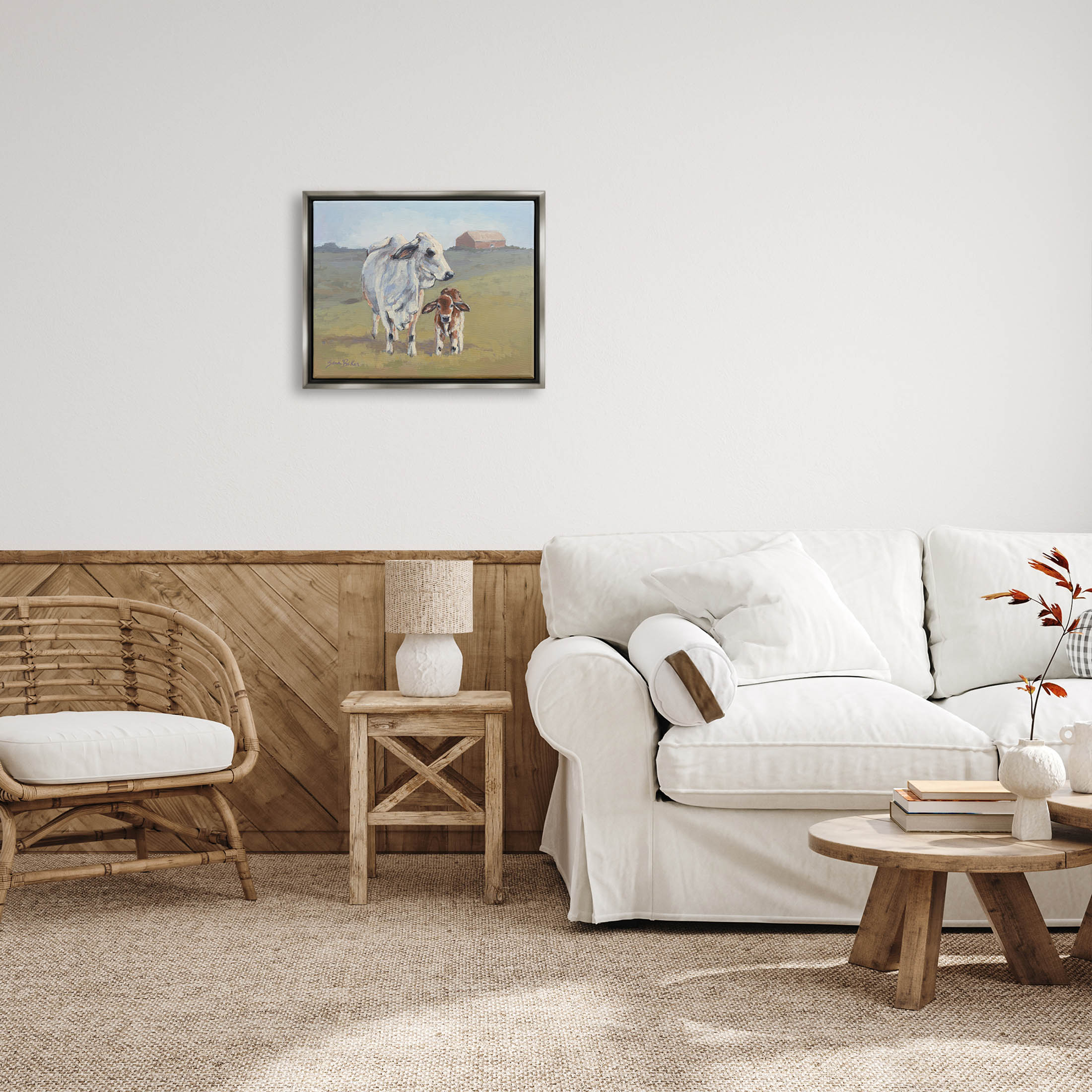 Baby Cow Family Farm Portrait Animals & Insects Painting Luster Gray Framed Art Print Wall Art