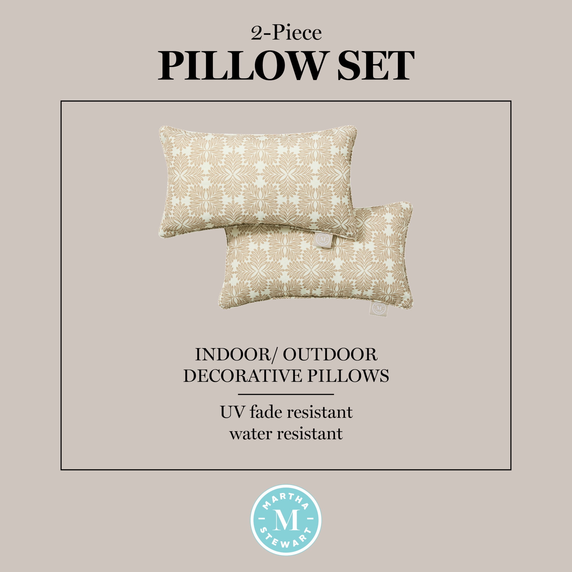 MARTHA STEWART Tulum Indoor Outdoor Decorative Lumbar Pillow 2-Pack Set, UV Fade Resistant, Water Repellent, Printed Modern Design, Taupe, 11"x18"