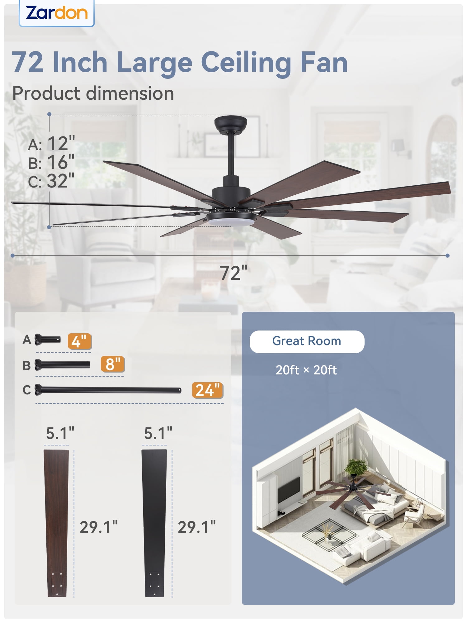 Zardon 72 inch Modern Ceiling Fan with Light and Remote Control, Large Ceiling Fan with Quiet DC Motor, 6 Speeds, 8 Reversible Blades for Indoor Outdoor Space- Black