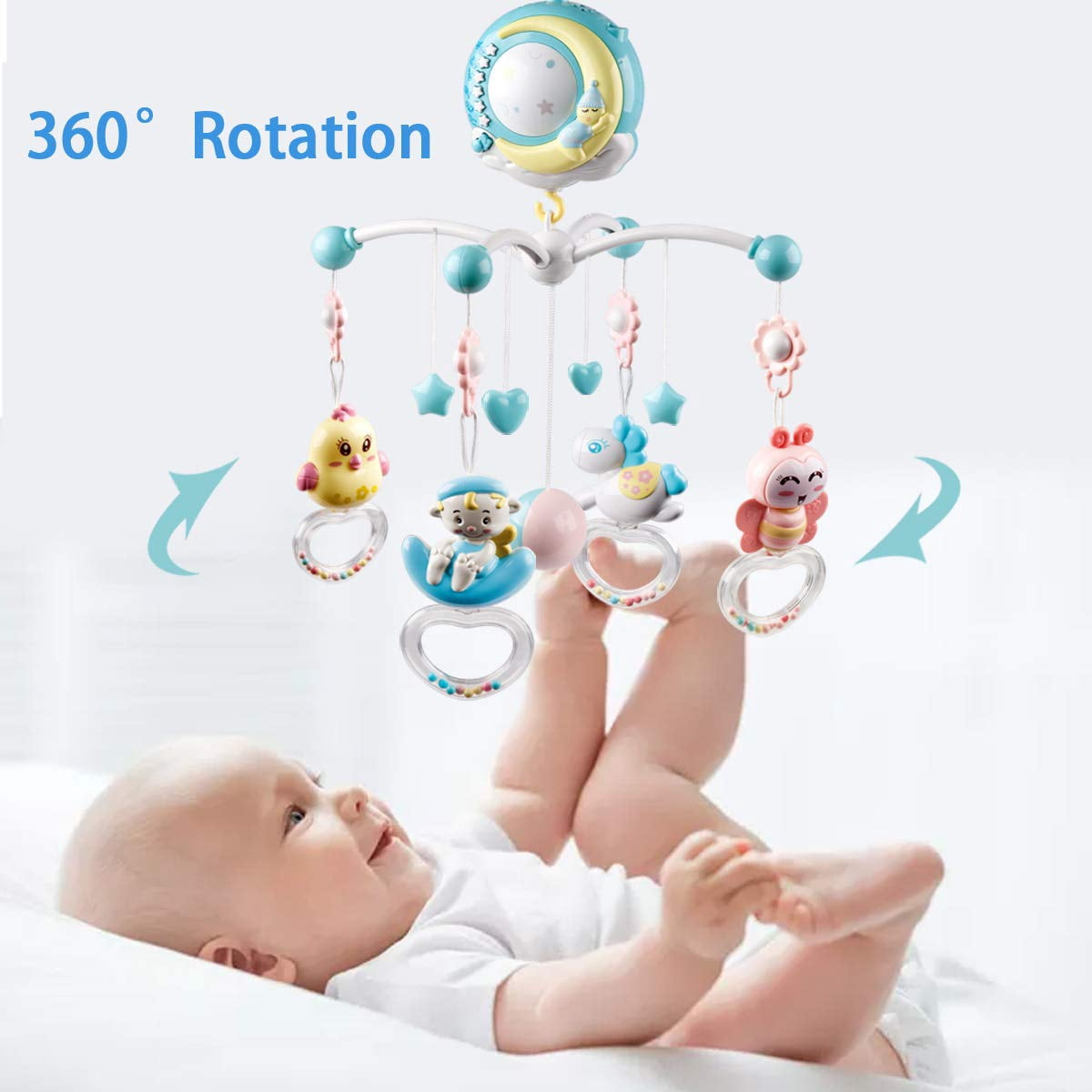 Mini Tudou Baby Musical Mobile Crib with Music and Lights, Timing Function, Projection,Hanging Rattle and Music Box for Babies Boy Girl Toddler 0 to 24 Months