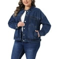 thumbnail image 4 of Agnes Orinda Women's Plus Size Denim Jacket Lapel Long Sleeve Button Washed Casual Jean Jackets with Pocket 2X Dark Blue, 4 of 6