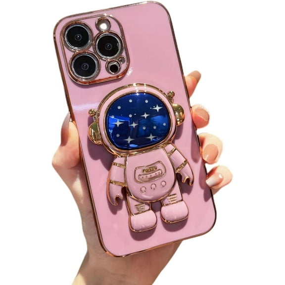 for iPhone 14 13 12 11 Pro Max Plus Mini Case, Popular Glossy Soft TPU Phone Case, Creative Starry Sky Cute Astronaut Foldable Stand Protector Cover(Purple,14 Pro Max)